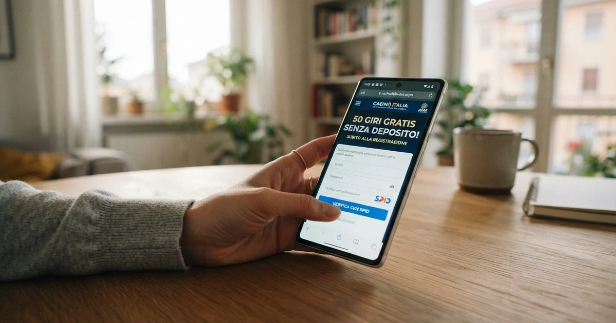 Una schermata di registrazione su un casinò online italiano con l'offerta «50 giri gratis senza deposito» in evidenza e il pulsante di verifica SPID