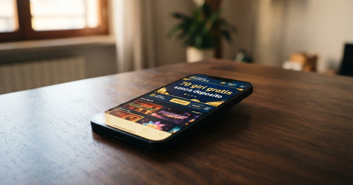 Un telefono che mostra la schermata di un casinò online con un'offerta di giri gratis senza deposito e la dicitura «senza deposito» in evidenza