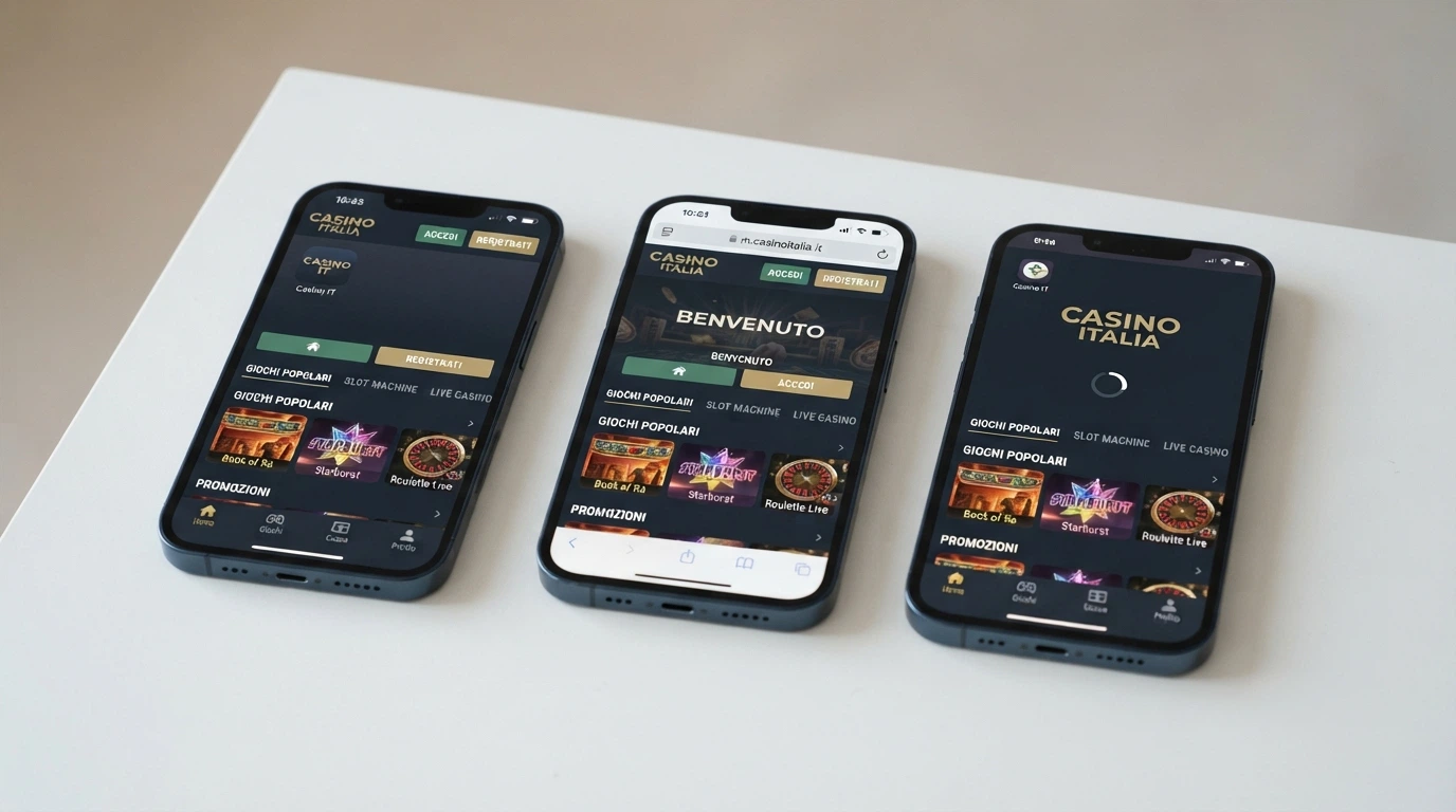 Tre schermi di smartphone affiancati che mostrano lo stesso casinò in tre modalità: app nativa a sinistra, browser mobile al centro, PWA installata a destra. Interfaccia in italiano, stesso gioco di slot aperto su tutti e tre.