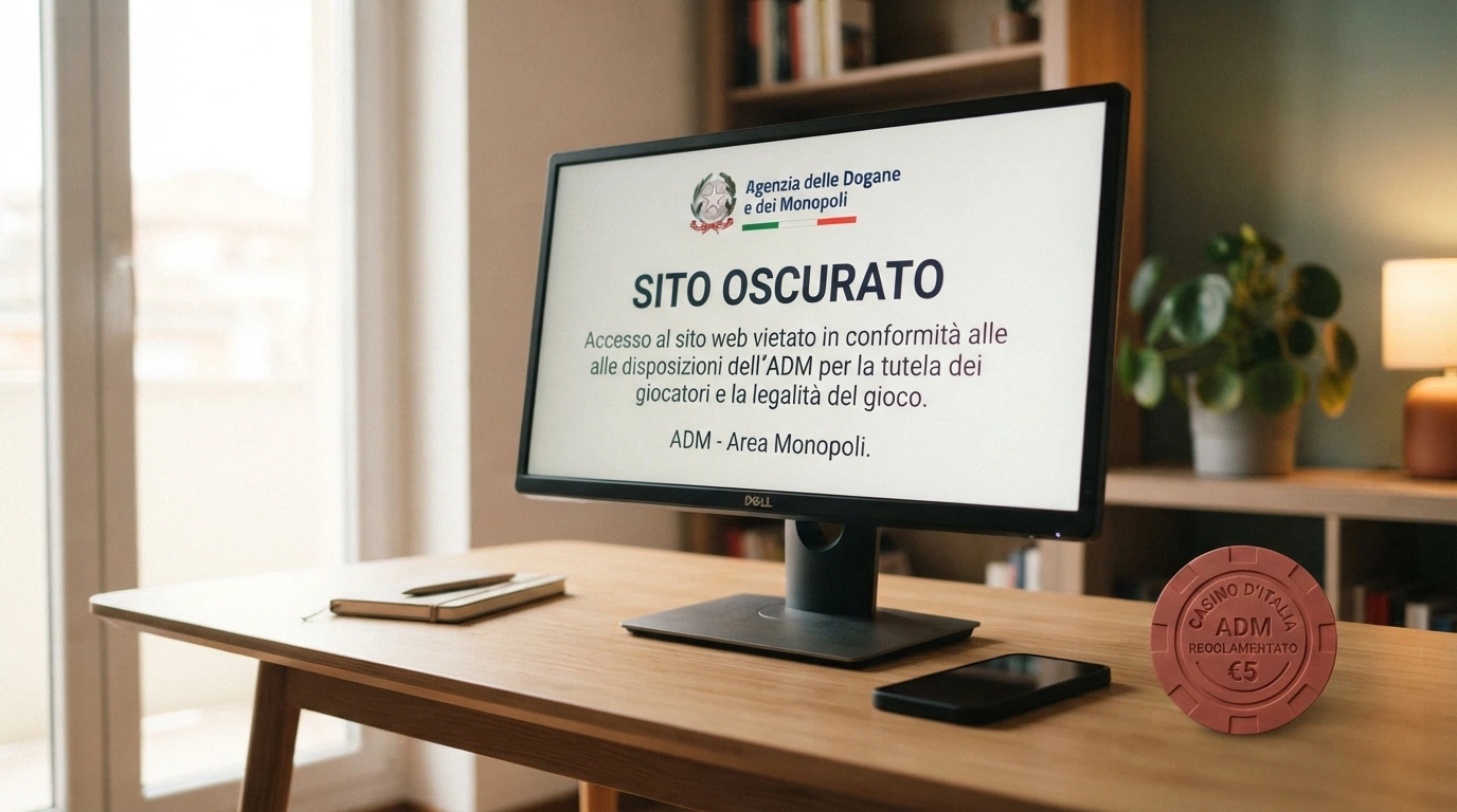 Uno schermo di computer che mostra l'avviso di inibizione di un sito di gioco non autorizzato, con il logo ADM e la dicitura di sito oscurato