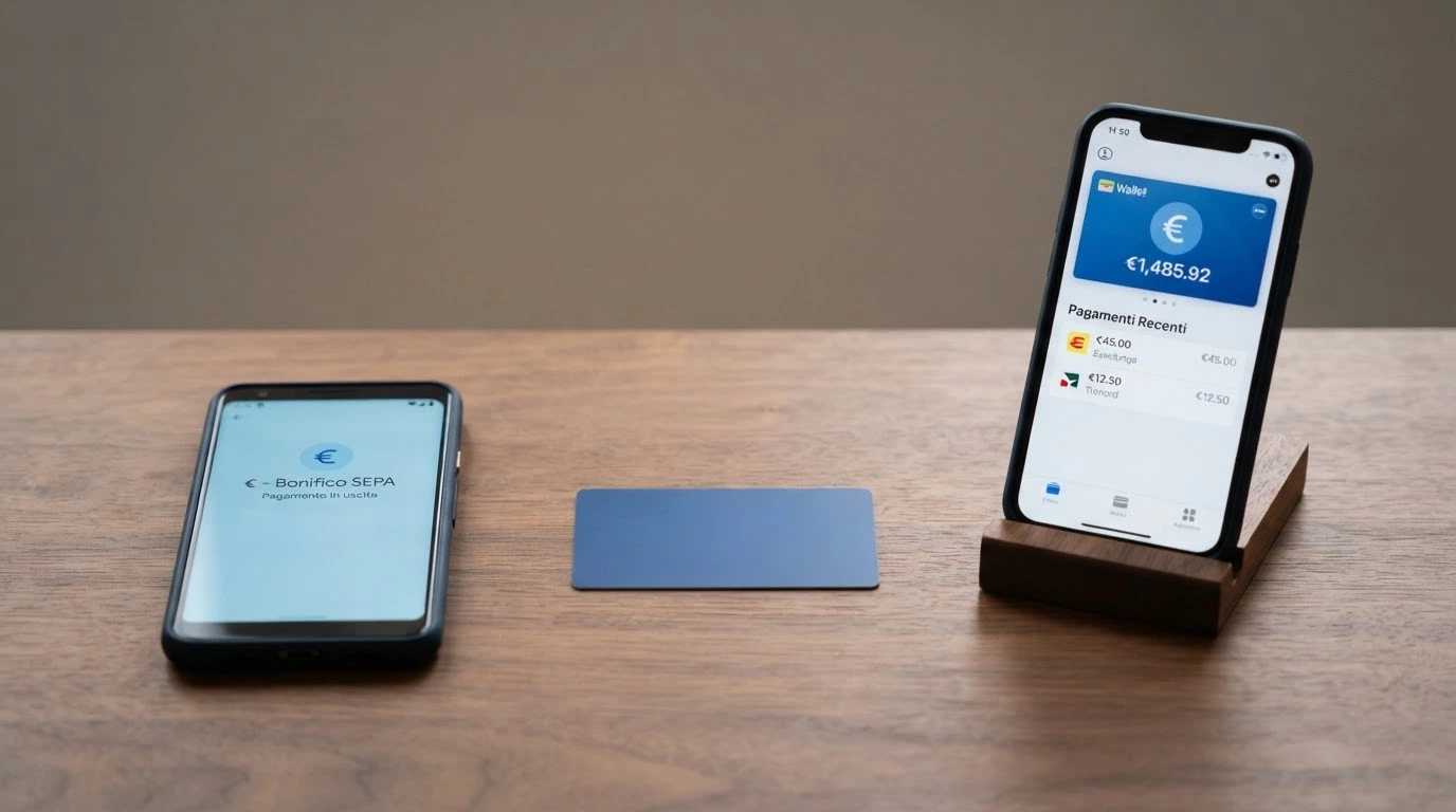 Tre colonne affiancate che rappresentano bonifico bancario, carta di credito e portafoglio elettronico, ciascuna con le icone di sicurezza, orologio e simbolo dell'euro