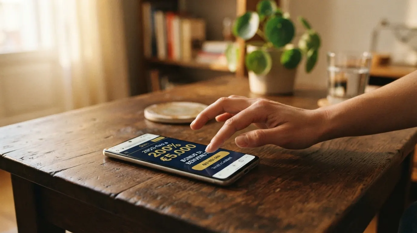 Un primo piano di uno schermo che mostra i termini di un bonus di benvenuto con evidenziati il moltiplicatore del bonus, il requisito di puntata e la data di scadenza