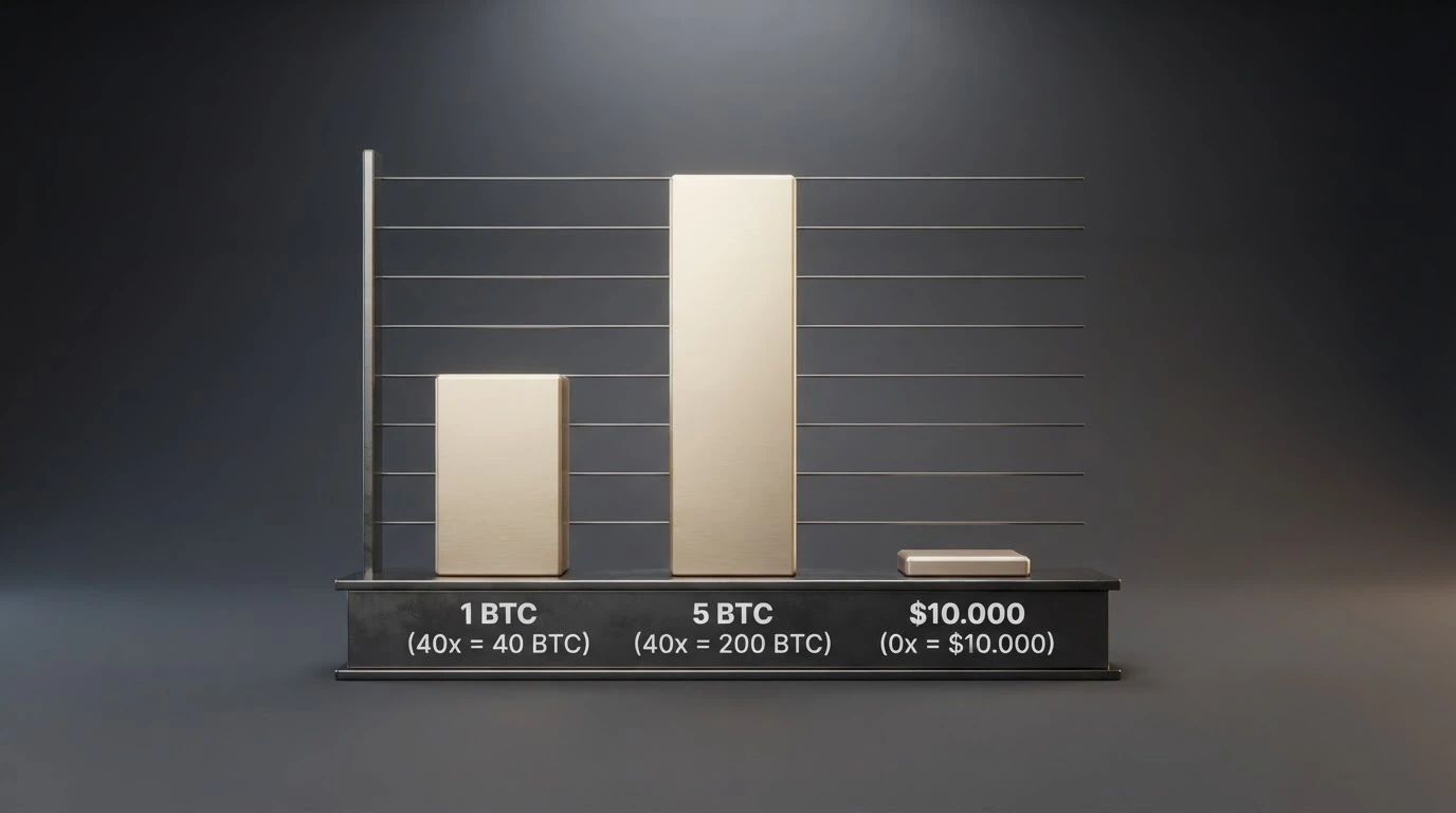 Un grafico che confronta l'importo nominale di tre bonus di benvenuto (1 BTC, 5 BTC, $10.000) con il volume di gioco richiesto per liberarli, visualizzato come barre affiancate