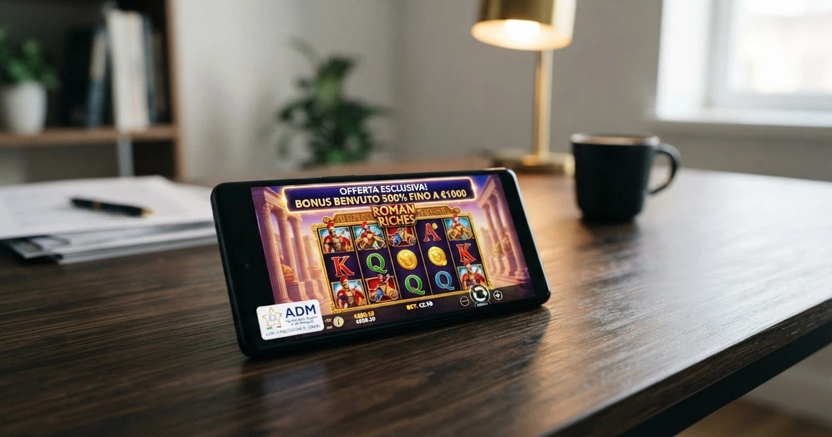 Primo piano di una slot machine digitale con l'interfaccia di un casinò online regolamentato, il logo ADM visibile in un angolo dello schermo