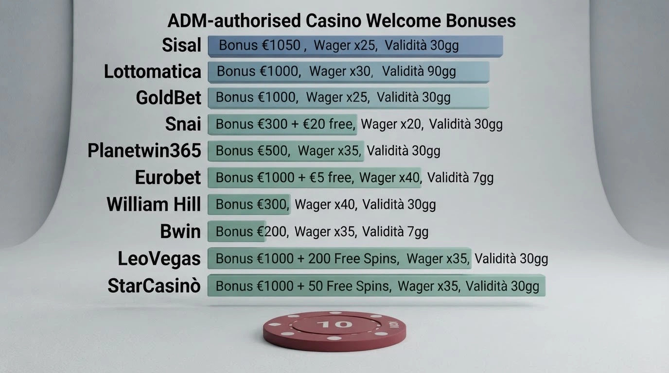 Tabella comparativa con importi del bonus di benvenuto, giri gratuiti e requisiti di puntata dei principali concessionari ADM
