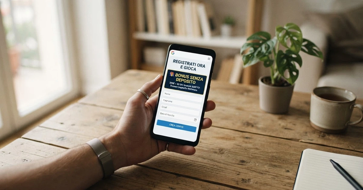 Un giocatore che consulta il telefono davanti allo schermo di un casinò online, con l'interfaccia di registrazione in evidenza e l'icona di un regalo digitale che segnala il bonus di benvenuto.