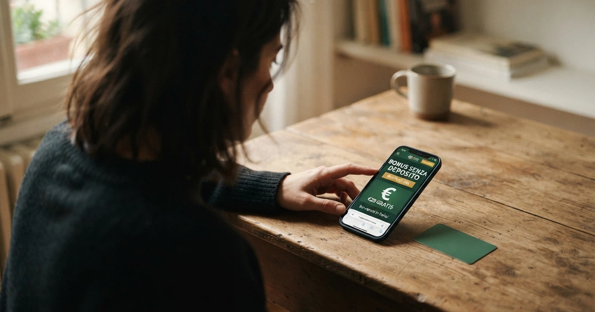 Un giocatore seduto davanti allo schermo di un computer con una carta d'identità in una mano e lo smartphone nell'altra, mentre sullo schermo compare la scritta «Bonus senza deposito»