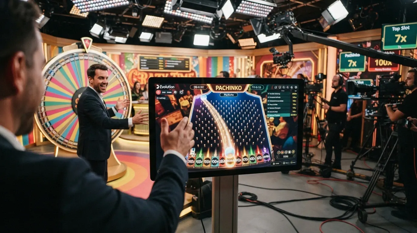 L'interfaccia di uno dei quattro giochi bonus di Crazy Time con il presentatore e il tabellone dei moltiplicatori