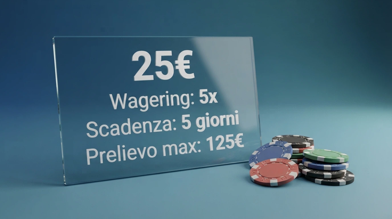 Schema visivo dei termini di un bonus senza deposito: importo accreditato, requisito di wagering, scadenza e tetto massimo al prelievo