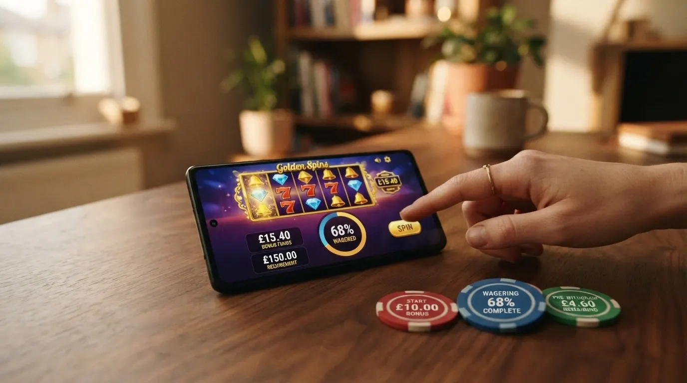 Una rappresentazione visiva del meccanismo del wagering: un bonus da 50€ che si riduce progressivamente passando attraverso il requisito di puntata, fino al valore effettivamente prelevabile