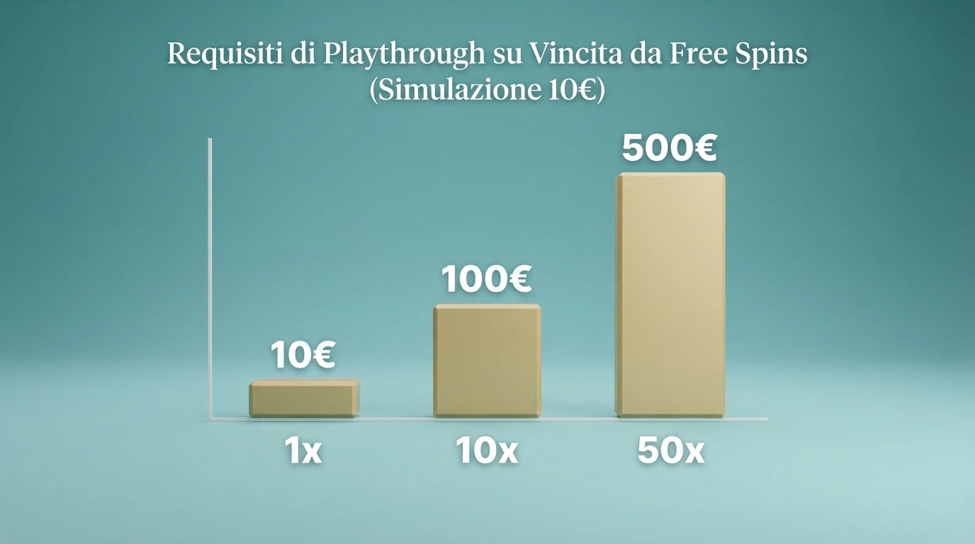 Schema grafico che confronta il volume di giocate richiesto da tre diversi livelli di wagering (1x, 10x, 50x) a parità di vincita dai giri gratis