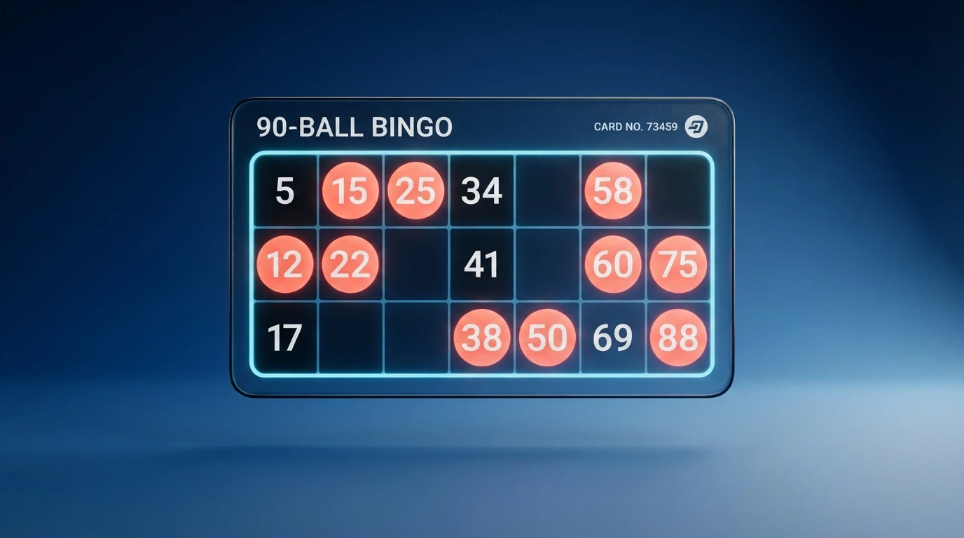 Una cartella di bingo a 90 palline in formato digitale, con alcuni numeri già marcati e lo schema a 3 righe per 9 colonne