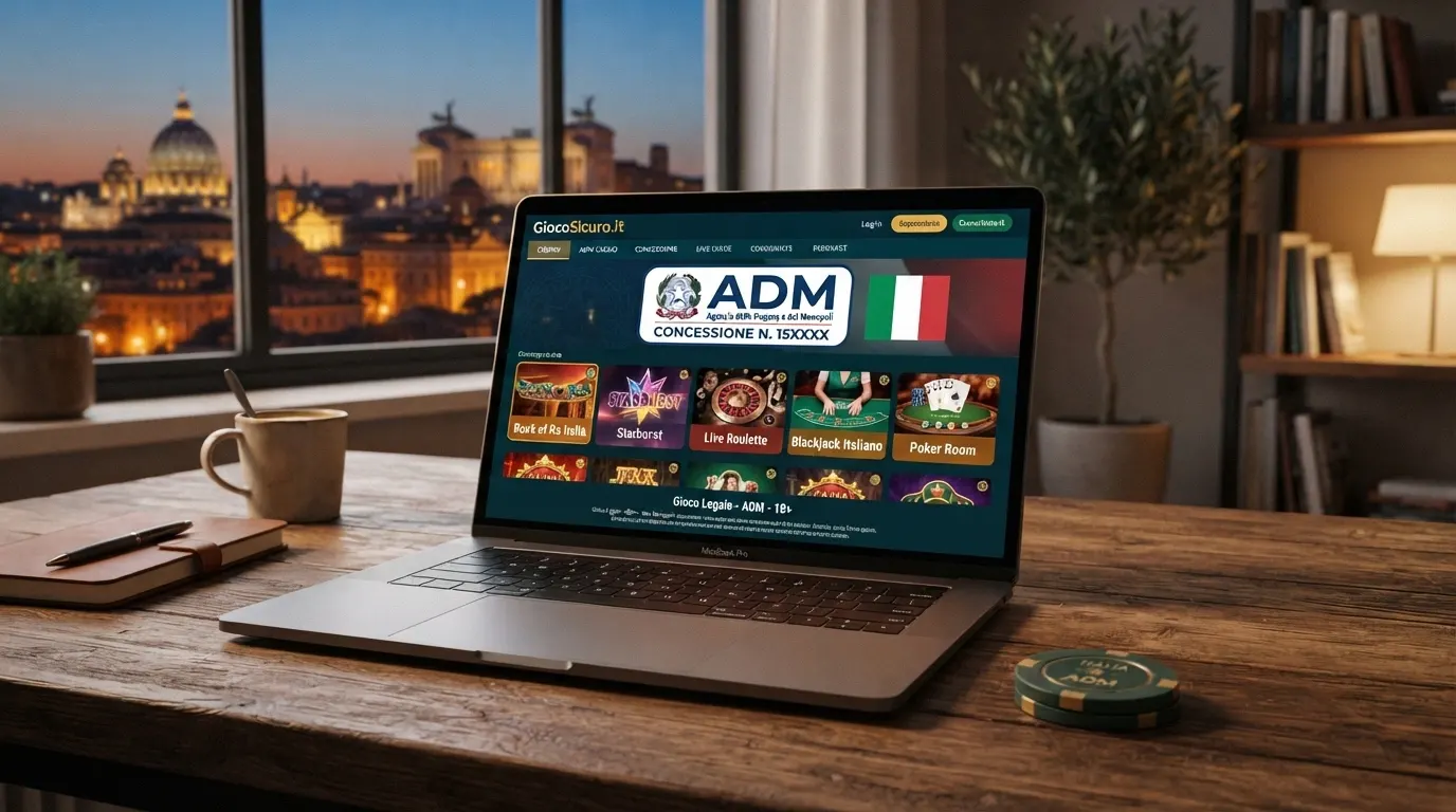 Una schermata che mostra la home page di un casinò online con licenza ADM, con logo del concessionario, badge della licenza e interfaccia di gioco