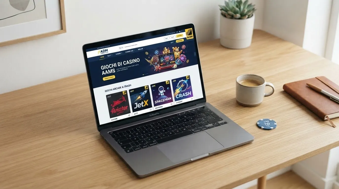 Una scrivania con schermo che mostra la pagina giochi di un casinò ADM, la categoria «Crash Game» o «Arcade» evidenziata in italiano, affiancata dal logo ADM