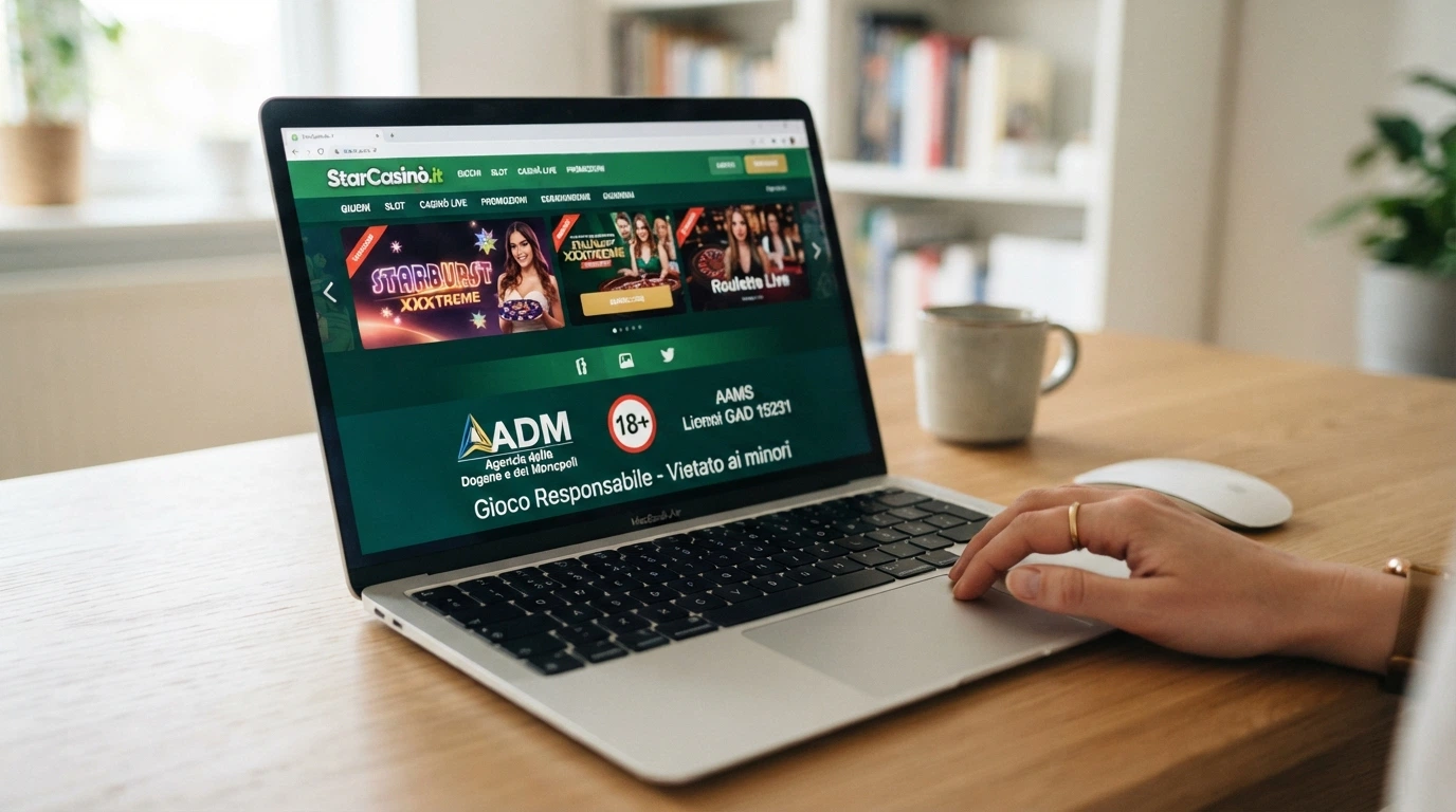 Interfaccia di un casinò online con licenza ADM, con il logo del concessionario e il numero di concessione visibili nel footer del sito
