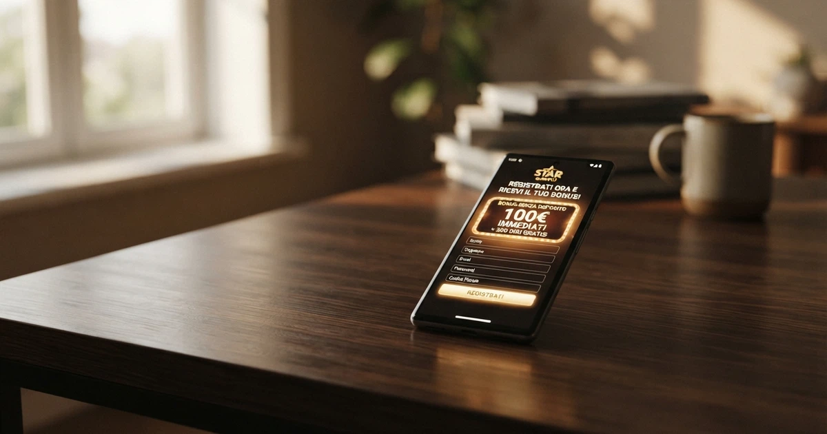 Un primo piano di uno smartphone con la schermata di registrazione di un casinò online in italiano, con il riquadro «bonus senza deposito» evidenziato