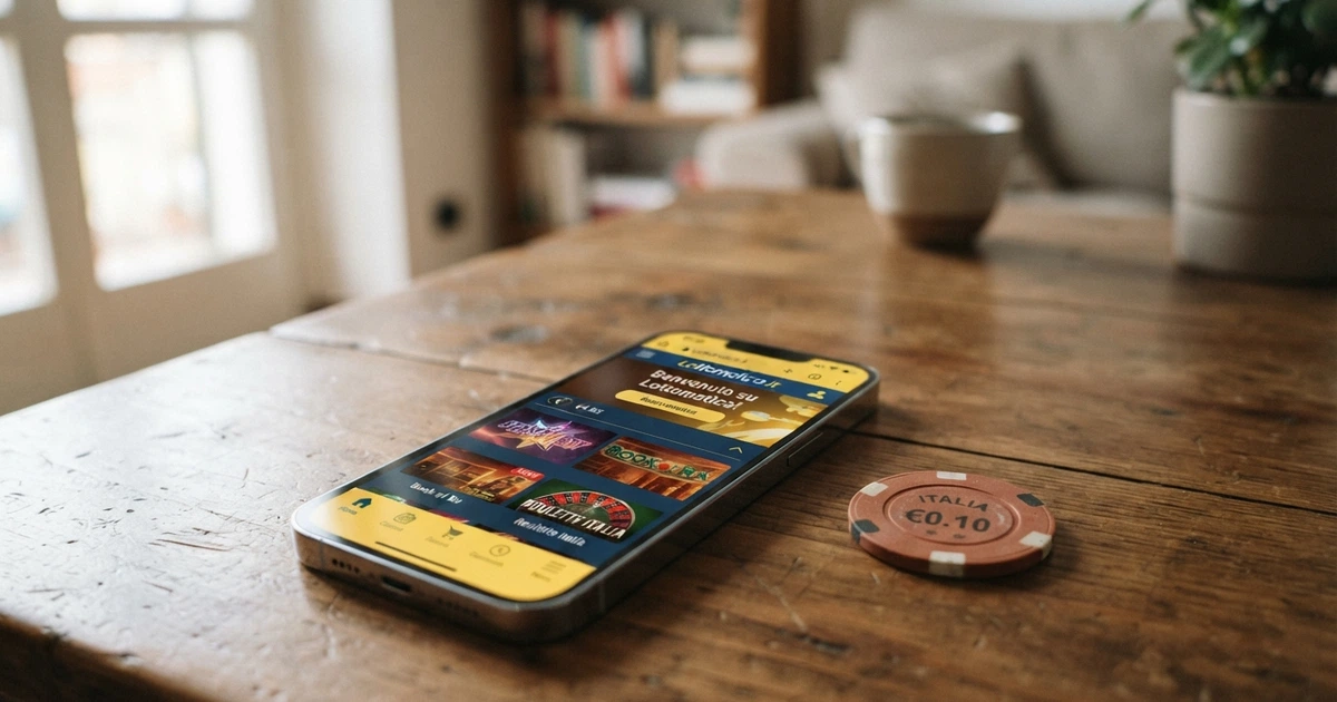 Un telefono con lo schermo di un casinò online in italiano e una moneta da 50 centesimi posata accanto, sullo sfondo la lobby giochi
