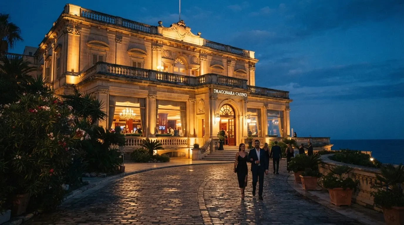 Veduta notturna del Dragonara Casino di Malta, edificio storico in pietra affacciato sulla baia di St Julian's con illuminazione esterna