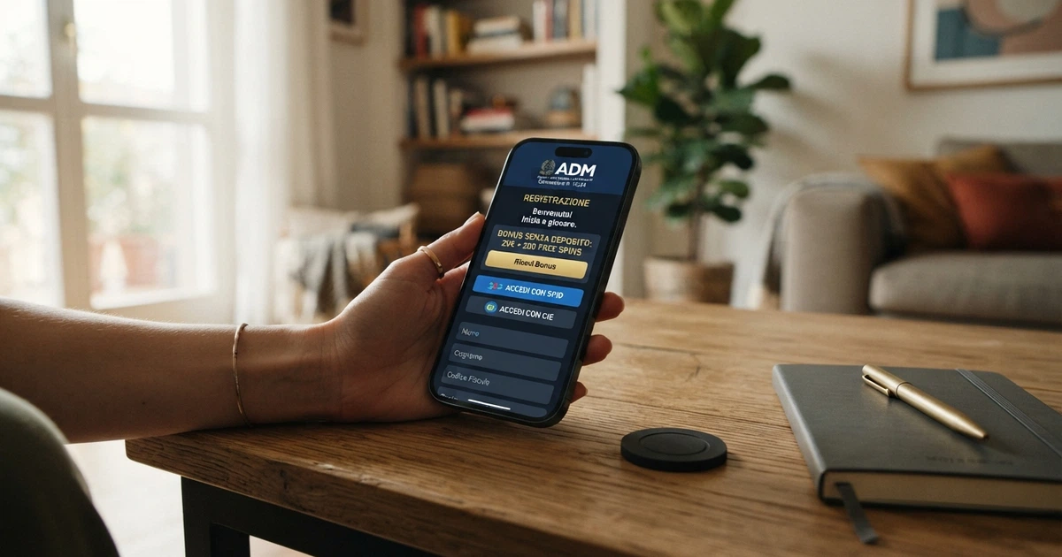 L'interfaccia di registrazione di un casinò online con licenza ADM che mostra la sezione bonus senza deposito e i loghi SPID e CIE