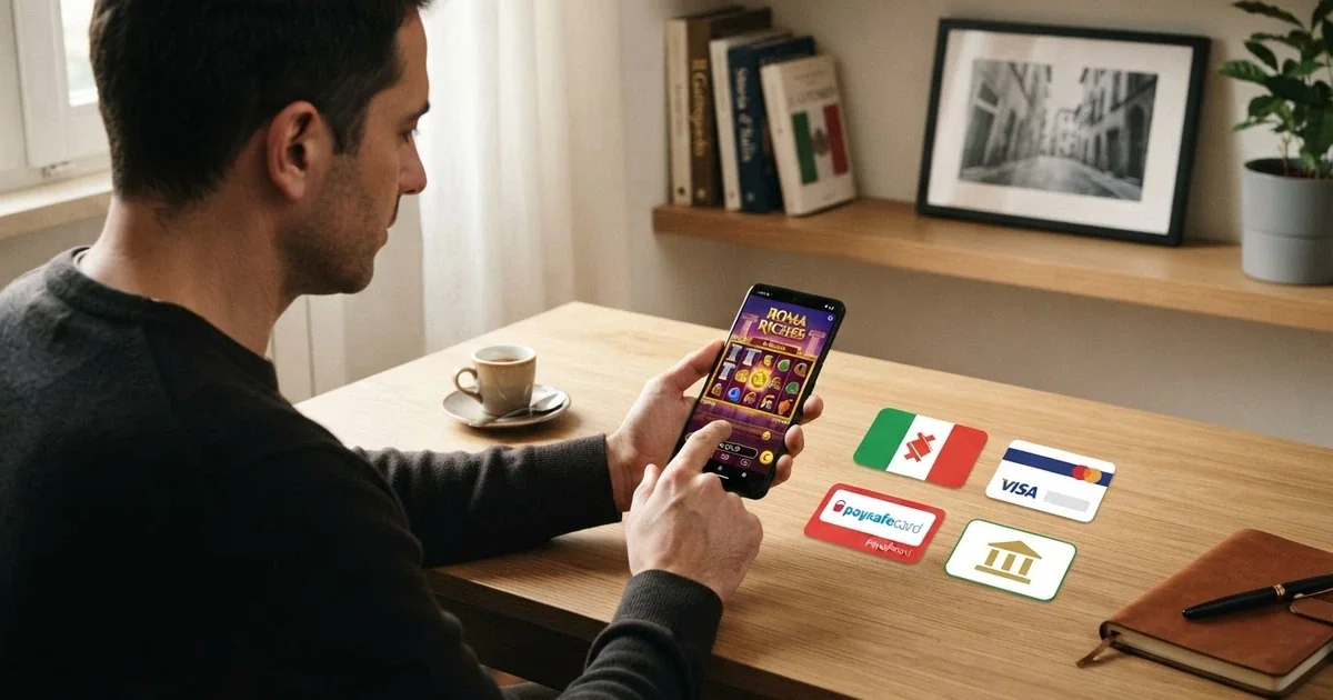 Un giocatore davanti allo schermo di un casinò online, con le icone dei metodi di pagamento (PayPal, Visa, Postepay, bonifico) disposte intorno