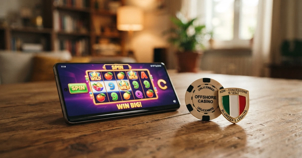 Un'interfaccia di gioco online stilizzata affiancata da simboli che rappresentano la regolamentazione italiana: il logo ADM e uno scudo con la bandiera italiana, a indicare la tensione tra mercato regolato e operatori offshore