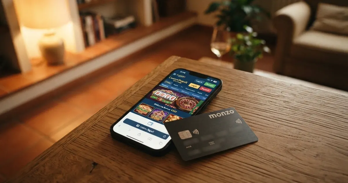 Una carta American Express appoggiata su uno schermo che mostra la homepage di un casinò online, con il logo di un e-wallet visibile accanto.