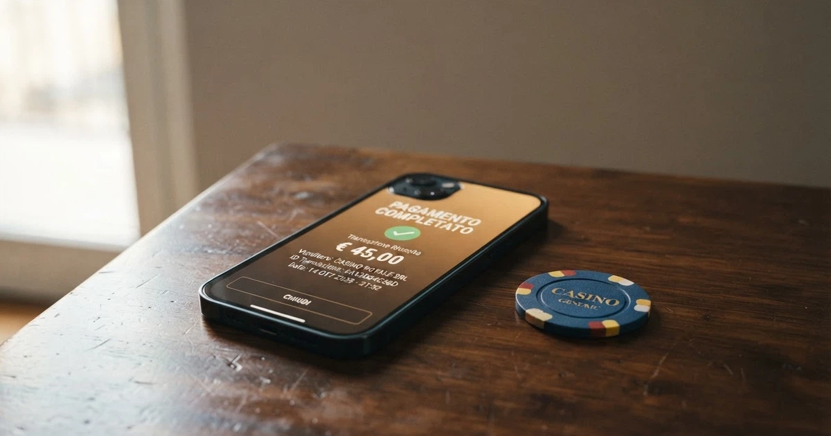 Un iPhone con lo schermo che mostra l'interfaccia di conferma del pagamento Apple Pay, affiancato al logo di un casinò online, su sfondo neutro
