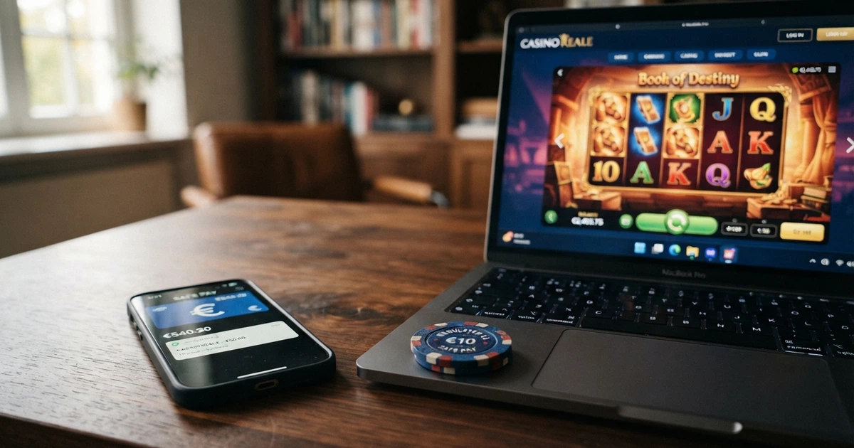 Un wallet digitale EcoPayz aperto sullo schermo di un computer con l'interfaccia di un casinò online sullo sfondo, banconote in euro accanto alla tastiera