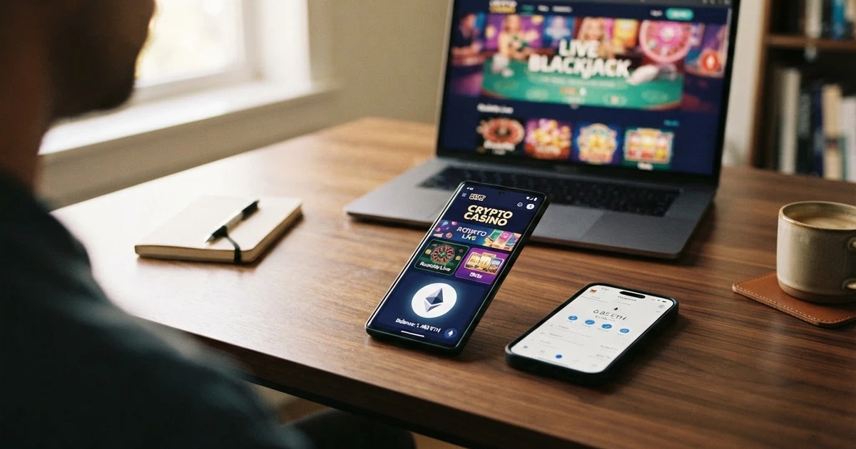 Un wallet digitale su smartphone accanto allo schermo di un casinò online, con il logo di Ethereum in evidenza