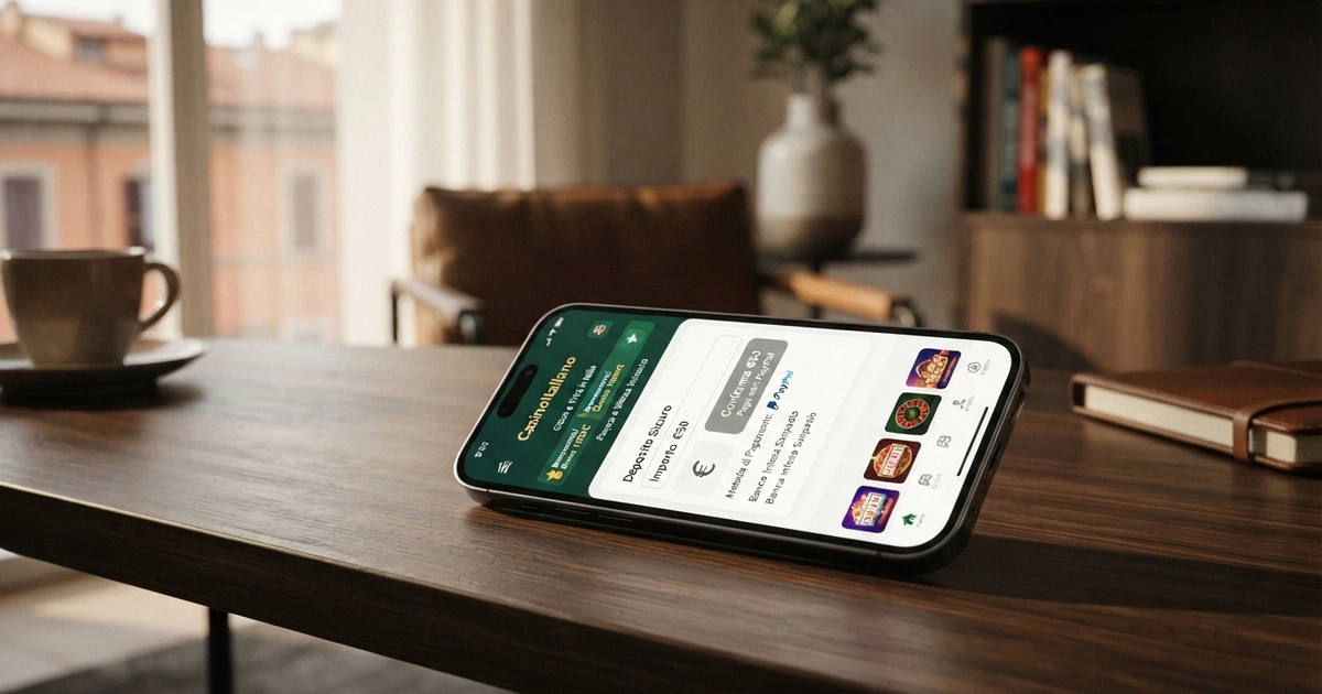 Un telefono Android che mostra il logo di Google Pay accanto alla schermata di un casinò online, su sfondo scuro