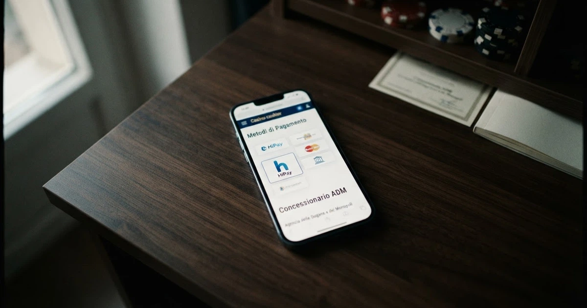 La pagina di ricerca di un casinò online con il logo HiPay visibile accanto ai metodi di pagamento, su sfondo che mostra la dicitura «Concessionario ADM»