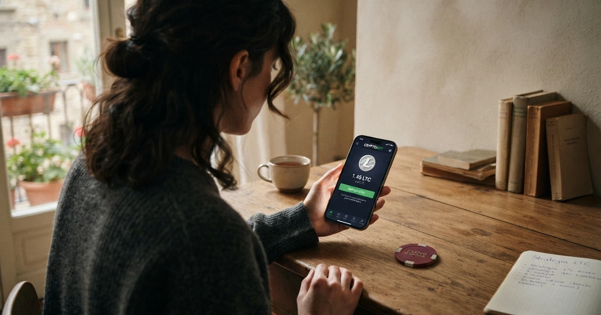 Una persona seduta davanti a un computer portatile con il logo di Litecoin sullo schermo e carte di credito accantonate sul lato, in un ambiente domestico italiano riconoscibile