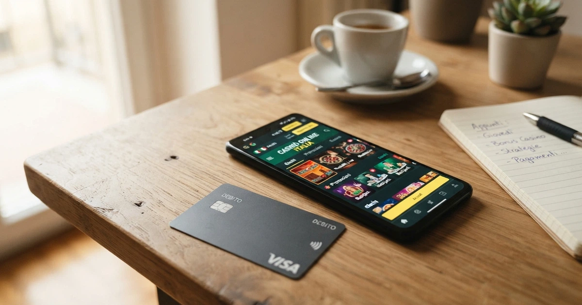 Una carta Mastercard in primo piano appoggiata sullo schermo di uno smartphone che mostra la homepage di un casinò online.