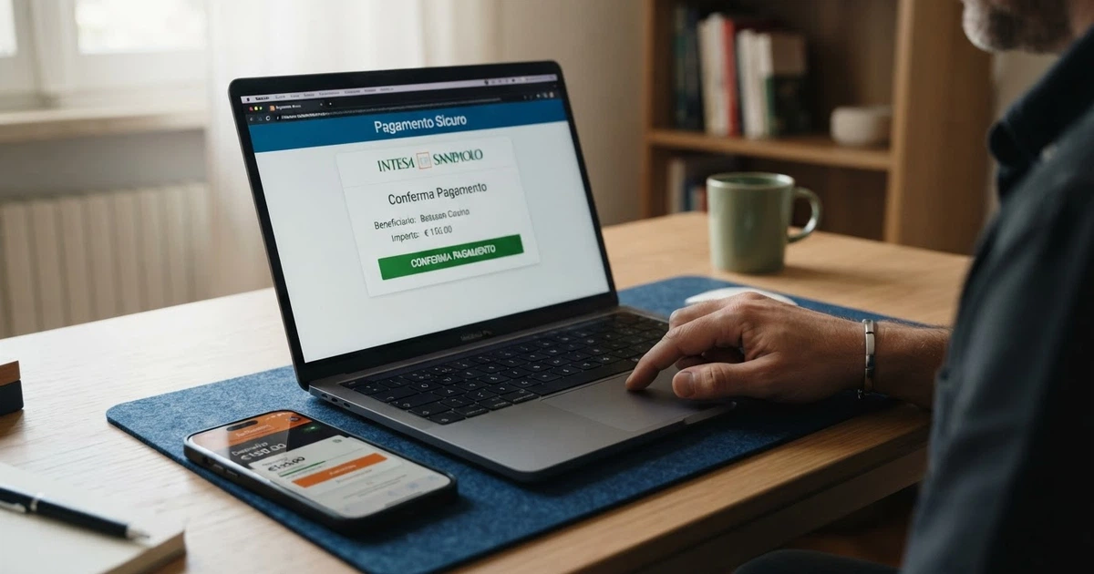 L’interfaccia di autenticazione bancaria MyBank su schermo di un computer portatile, con il logo MyBank visibile e una carta di debito accanto