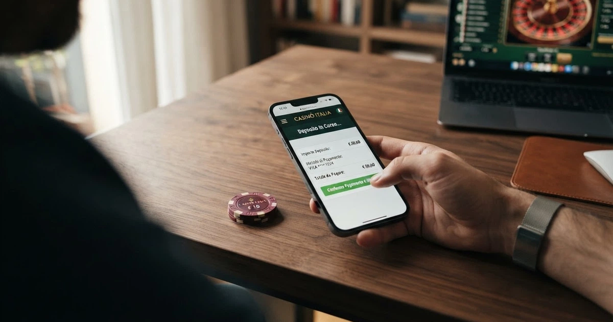 Uno schermo che mostra l'interfaccia di deposito PayPal su un casinò online, con il logo PayPal in evidenza e una carta di credito accanto