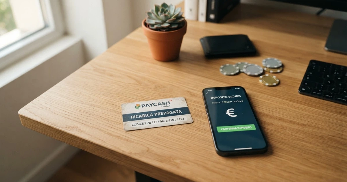 Un voucher Paysafecard appoggiato su uno smartphone, il PIN a 16 cifre visibile in parte, lo schermo mostra la schermata di deposito di un casinò online