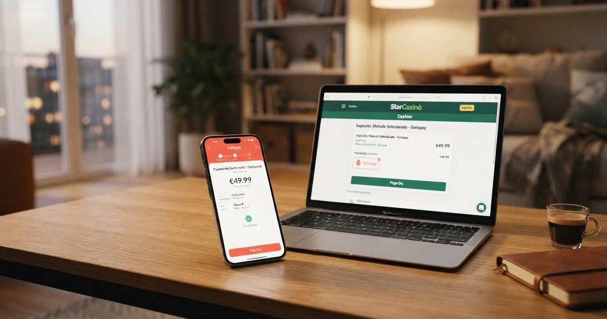 Interfaccia dell'app Satispay su uno smartphone accanto alla schermata di un casinò online con la cassa aperta