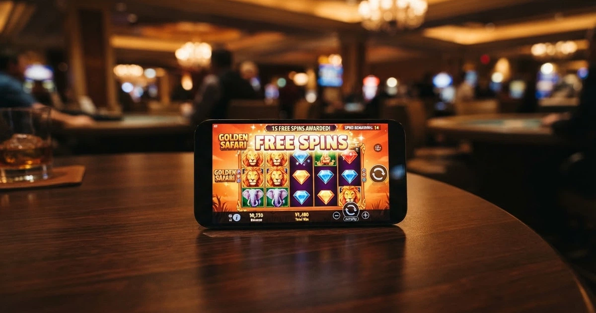 Uno schermo di casinò online con una slot machine attiva, rulli in movimento e l'indicazione di free spin in evidenza