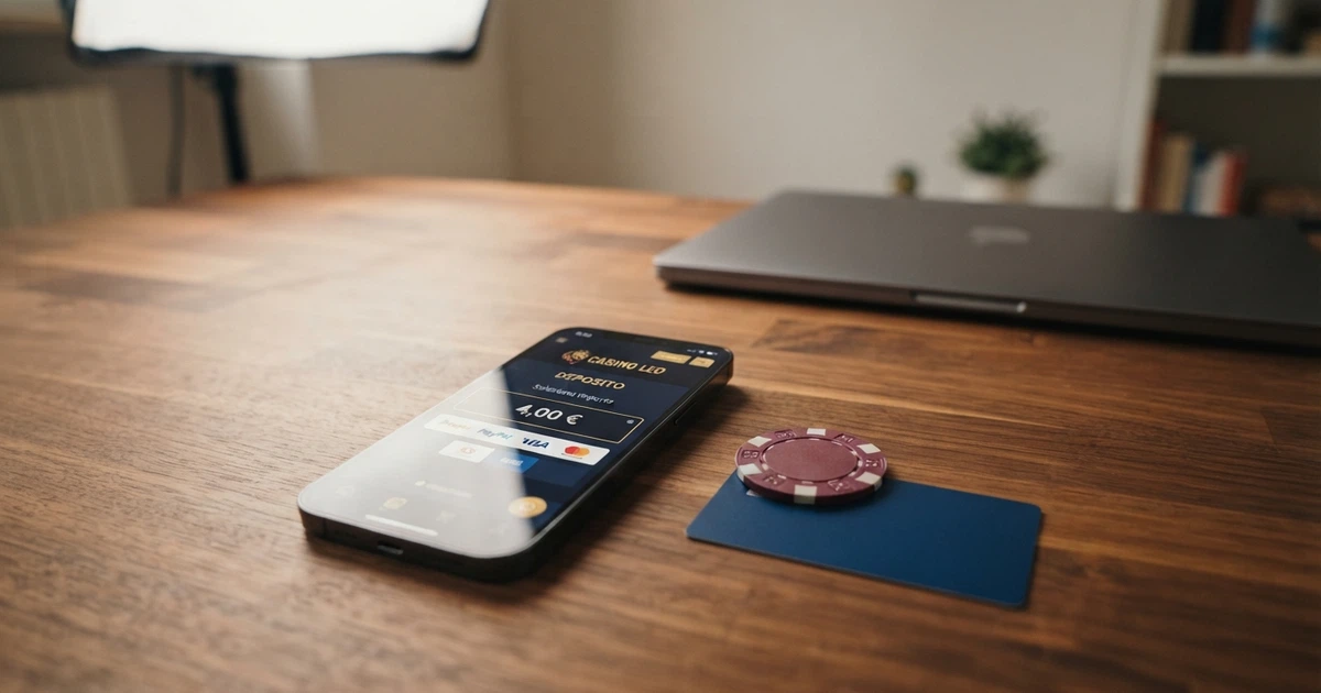 Uno schermo di smartphone che mostra la schermata di deposito di un casinò online con l'importo «4,00 €» selezionato e una carta di credito appoggiata accanto