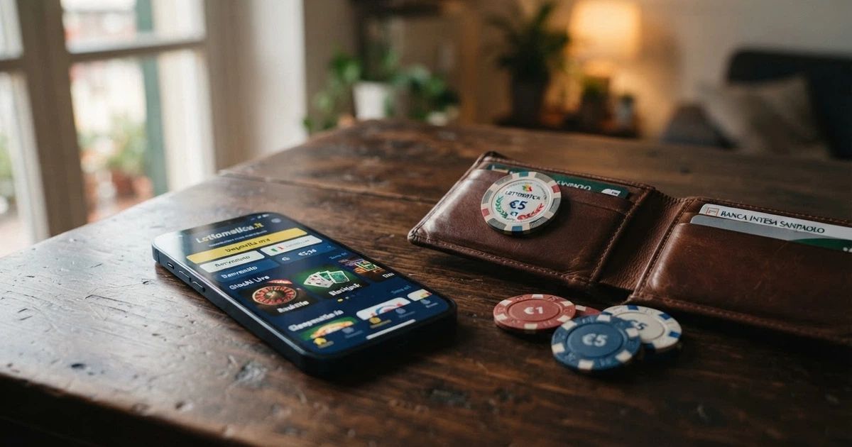 Un telefono con lo schermo di un casinò online in italiano, accanto un portafoglio aperto con una banconota da 5 euro e monete