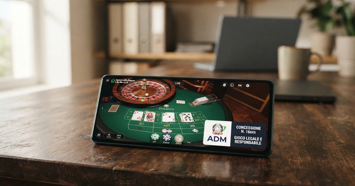 L’interfaccia di un casinò online con licenza ADM, con il logo ufficiale dell’Agenzia delle Dogane e dei Monopoli e il numero di concessione ben visibili nel footer del sito