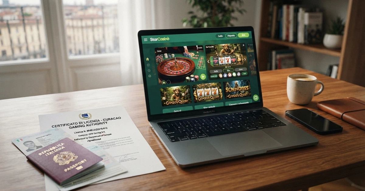 Una scrivania con un computer portatile che mostra la schermata di un casinò online, affiancata da un passaporto italiano e un documento con il sigillo della Curacao Gaming Authority