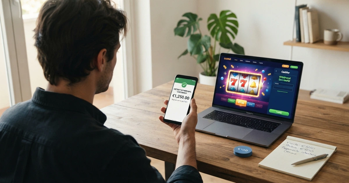 Un giocatore seduto al computer con lo schermo che mostra un'interfaccia di casinò online e un telefono con la notifica di un prelievo approvato