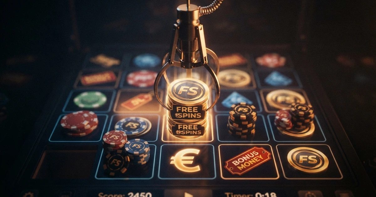 Artiglio meccanico virtuale che cala su una griglia di premi luminosi in un’interfaccia da casinò online
