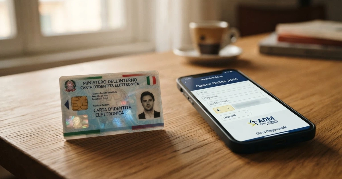 Una Carta d'Identità Elettronica italiana appoggiata accanto a uno smartphone che mostra la schermata di registrazione di un casinò online autorizzato ADM.