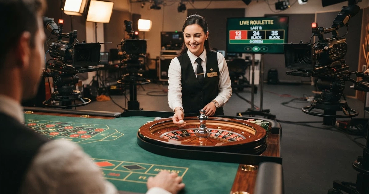 Un croupier in uniforme sorride dietro un tavolo da roulette in uno studio di produzione live, con telecamere professionali e monitor che mostrano i numeri in tempo reale