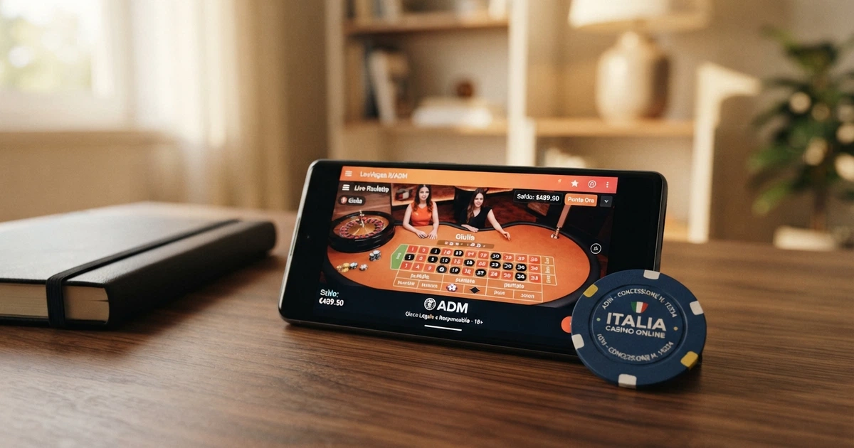 Interfaccia di un casinò online autorizzato con il logo ADM e il numero di concessione visibili nel footer del sito
