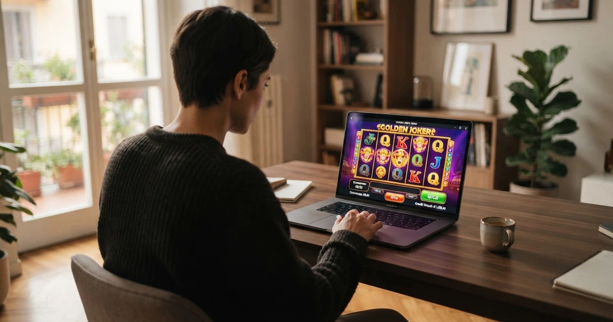 Un giocatore davanti allo schermo di un computer portatile, sullo schermo una slot machine colorata in modalità demo con la scritta «crediti virtuali» ben visibile, nessun simbolo di denaro reale