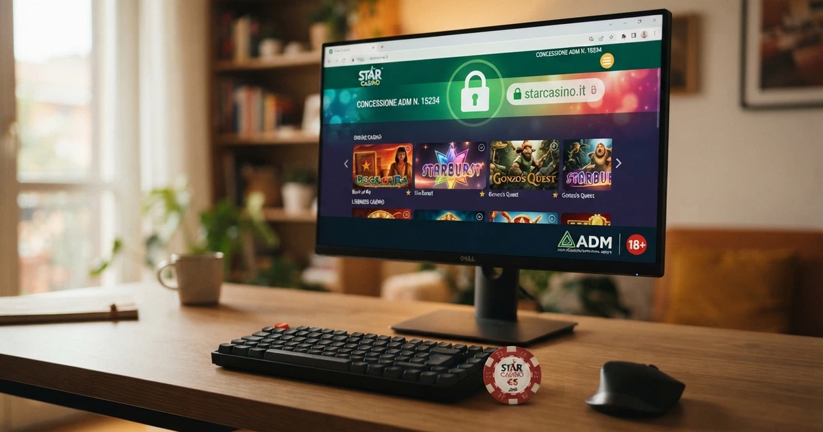 L'interfaccia di un casinò online concessionario ADM su schermo desktop, con il lucchetto di connessione sicura visibile nella barra del browser e il logo ADM in evidenza nella pagina