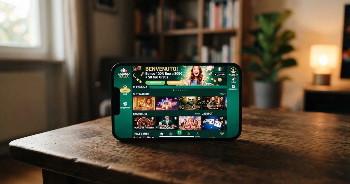 Interfaccia di un casinò online straniero con lobby dei giochi in italiano, menu delle categorie e banner di benvenuto in evidenza
